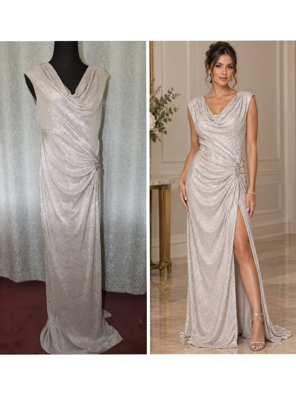 Lauren Ralph Lauren Liliana Gold Metallic Evening Gown Size 12 sparkling brooch